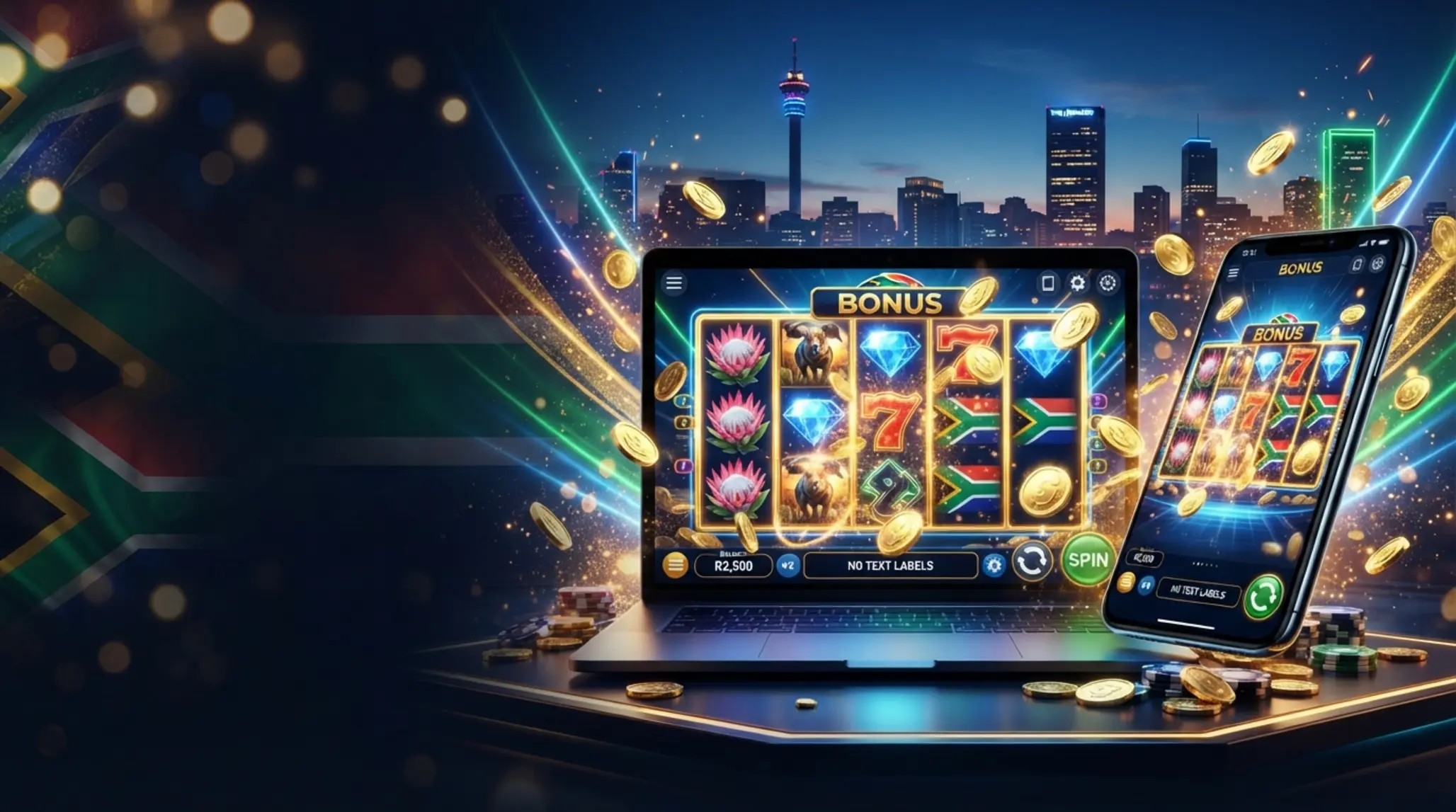 South African themed bonus banner with slot reels, mobile play and city skyline