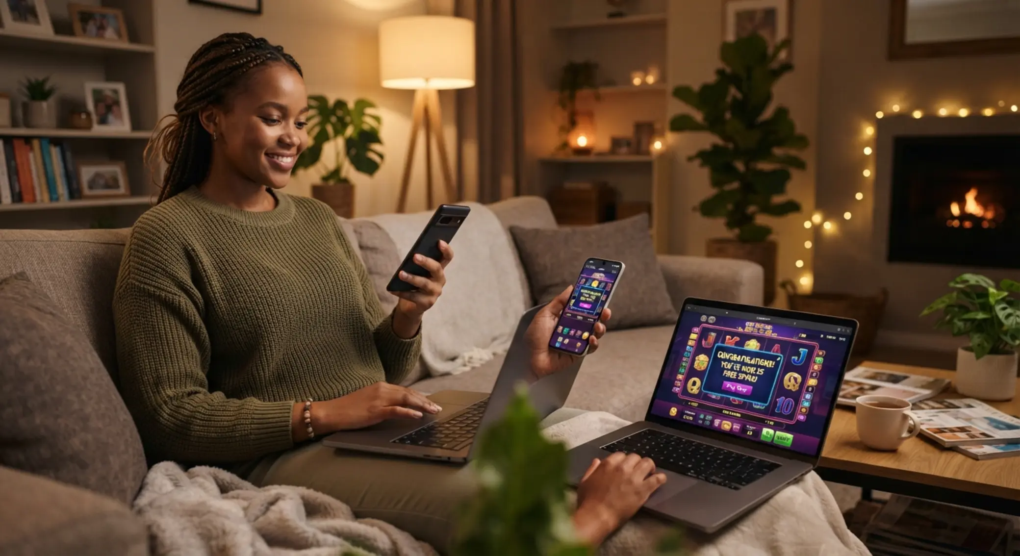 Player using free spins on mobile and laptop in a responsible setting