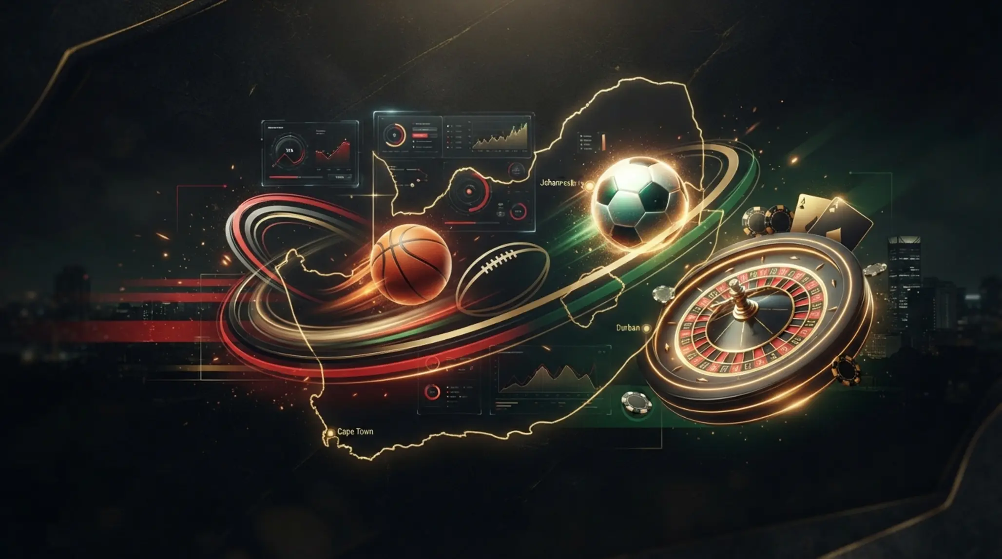 South African themed brand banner with sports and gaming style elements