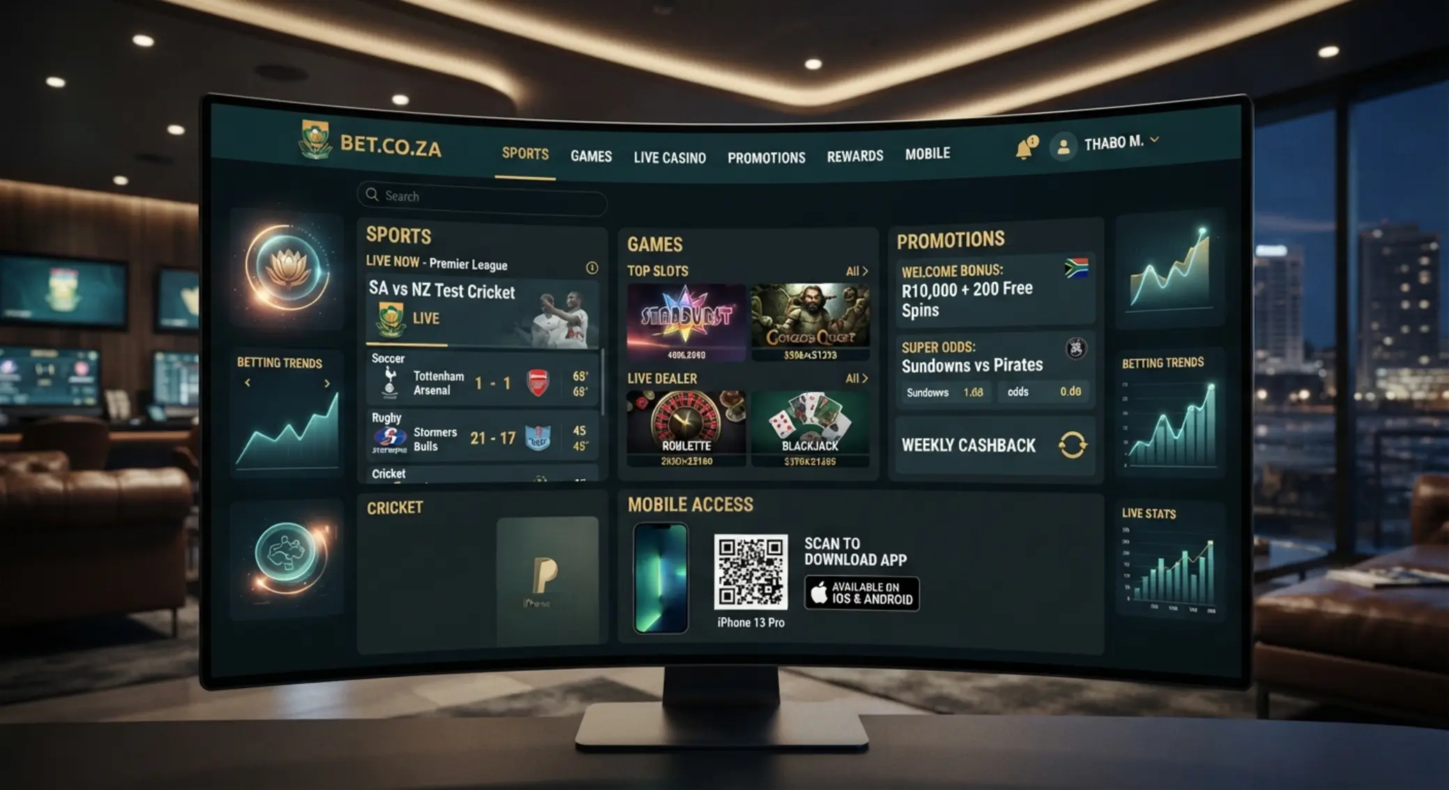 Platform dashboard showing sports, games and promotions sections