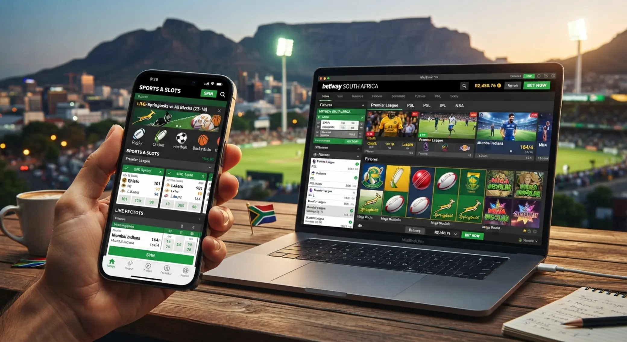 Sports and gaming platform shown on mobile and desktop in a South African themed collage