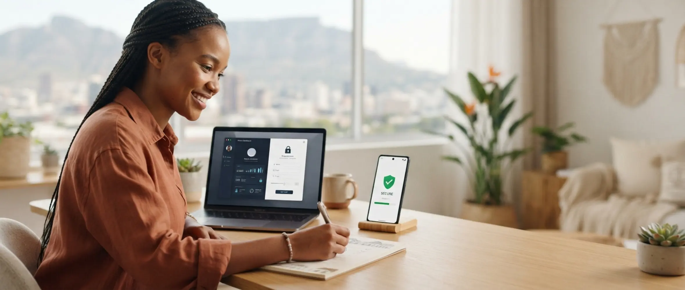 Secure online account setup on laptop and phone