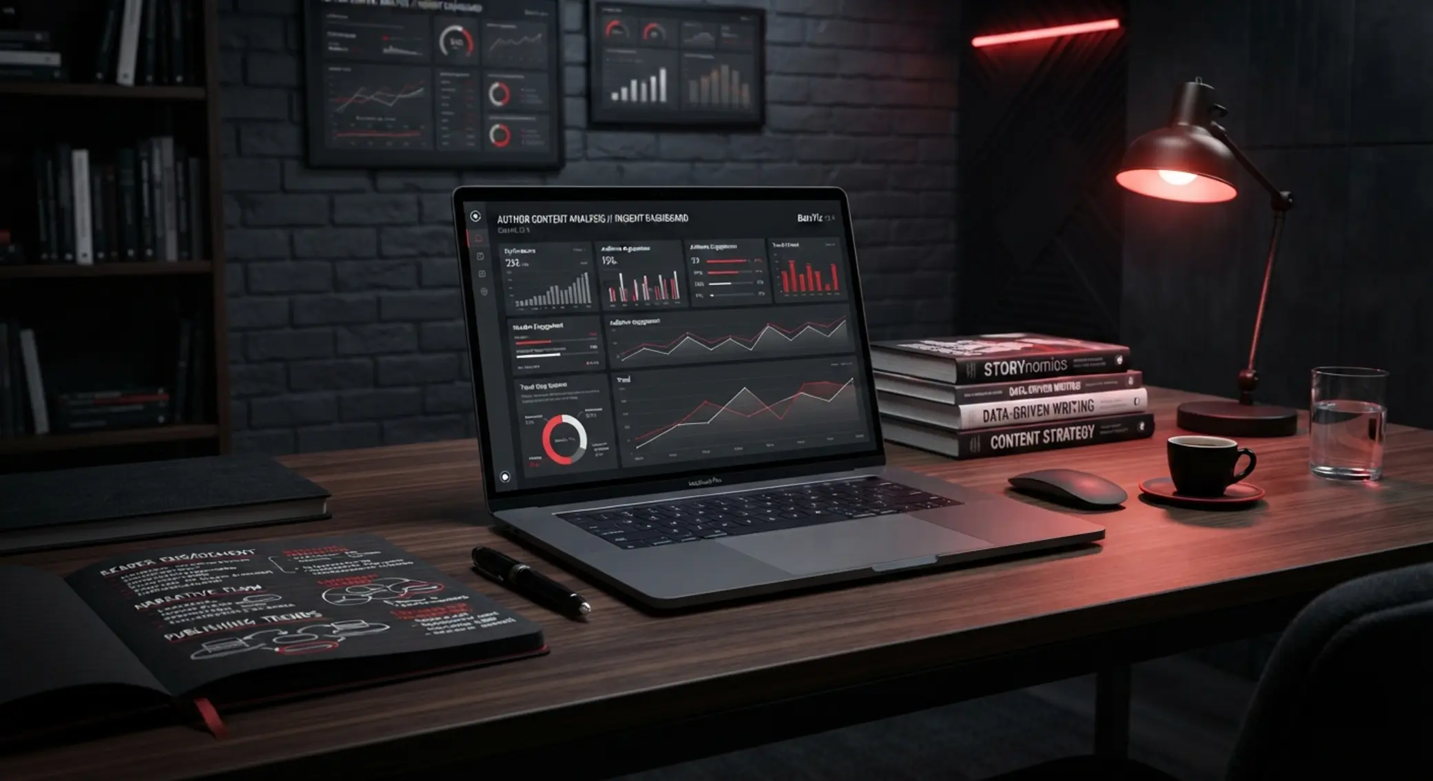 Abstract author insight graphic with laptop and analysis workspace