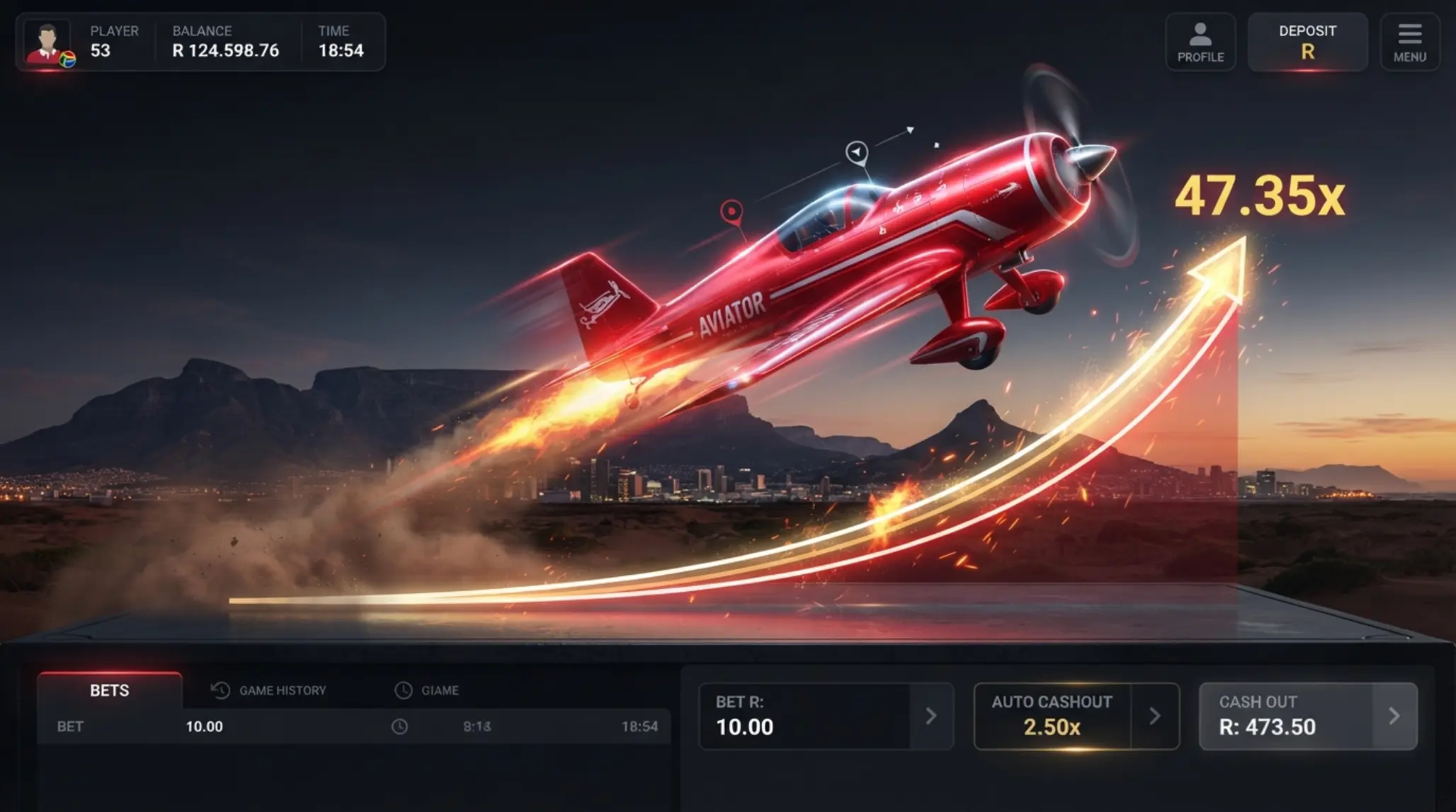 Aviator-style game banner with rising plane and multiplier interface