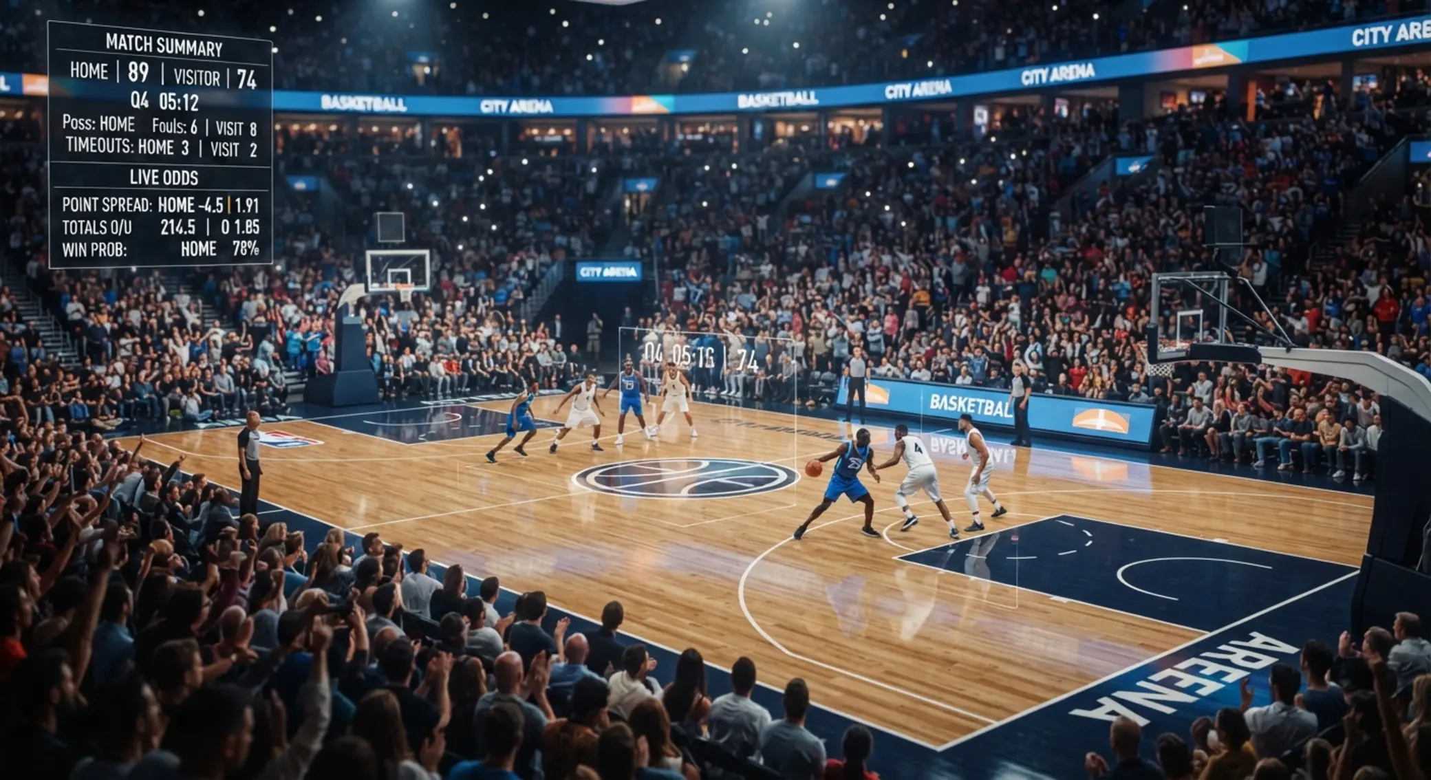 Basketball court with digital market overlays