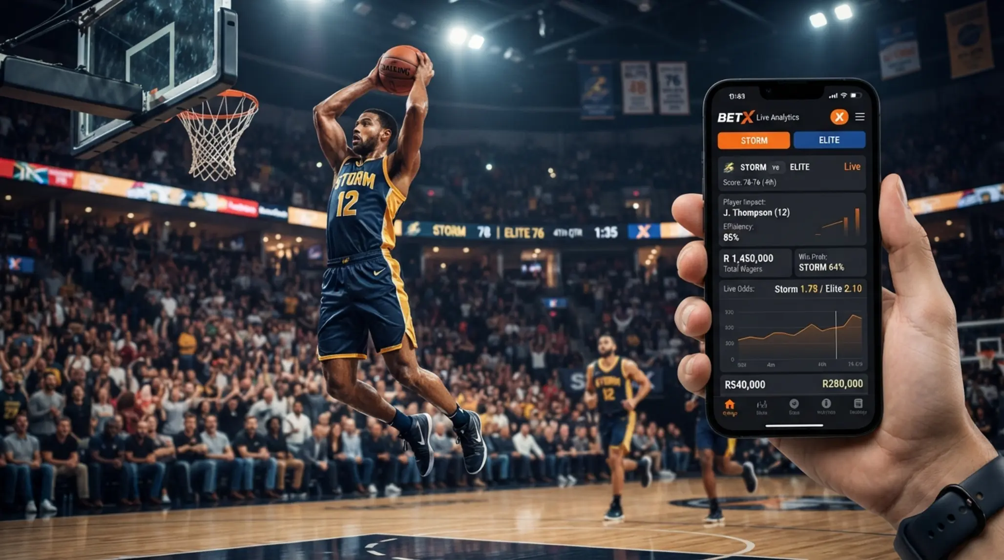 Basketball match action with mobile sports interface for South African users