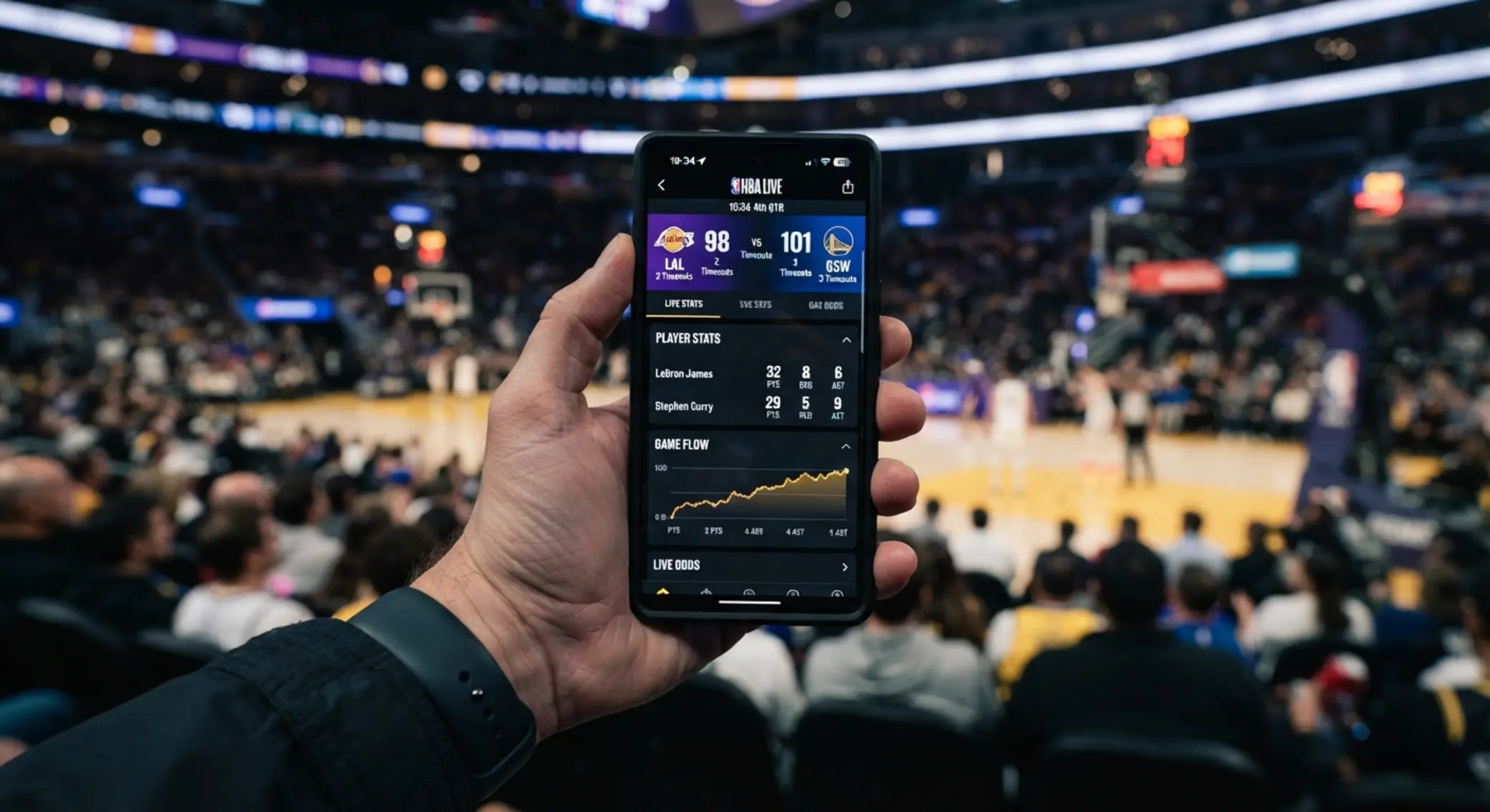 Smartphone showing live basketball markets and scoreboard