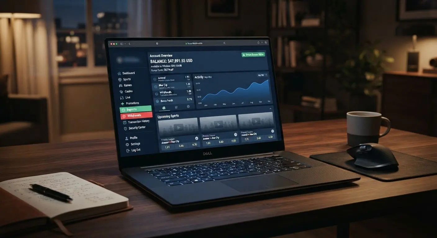 Account dashboard with balance and menu sections for deposits withdrawals and profile