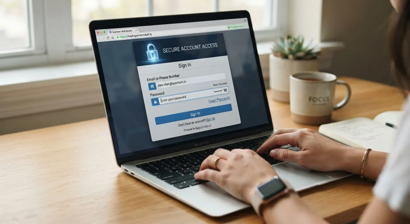 Secure desktop login screen on laptop with email phone and password fields