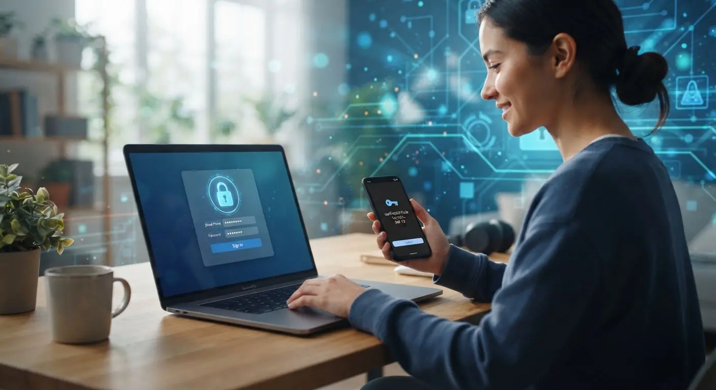 User accessing a secure account on laptop and smartphone with security lock icon