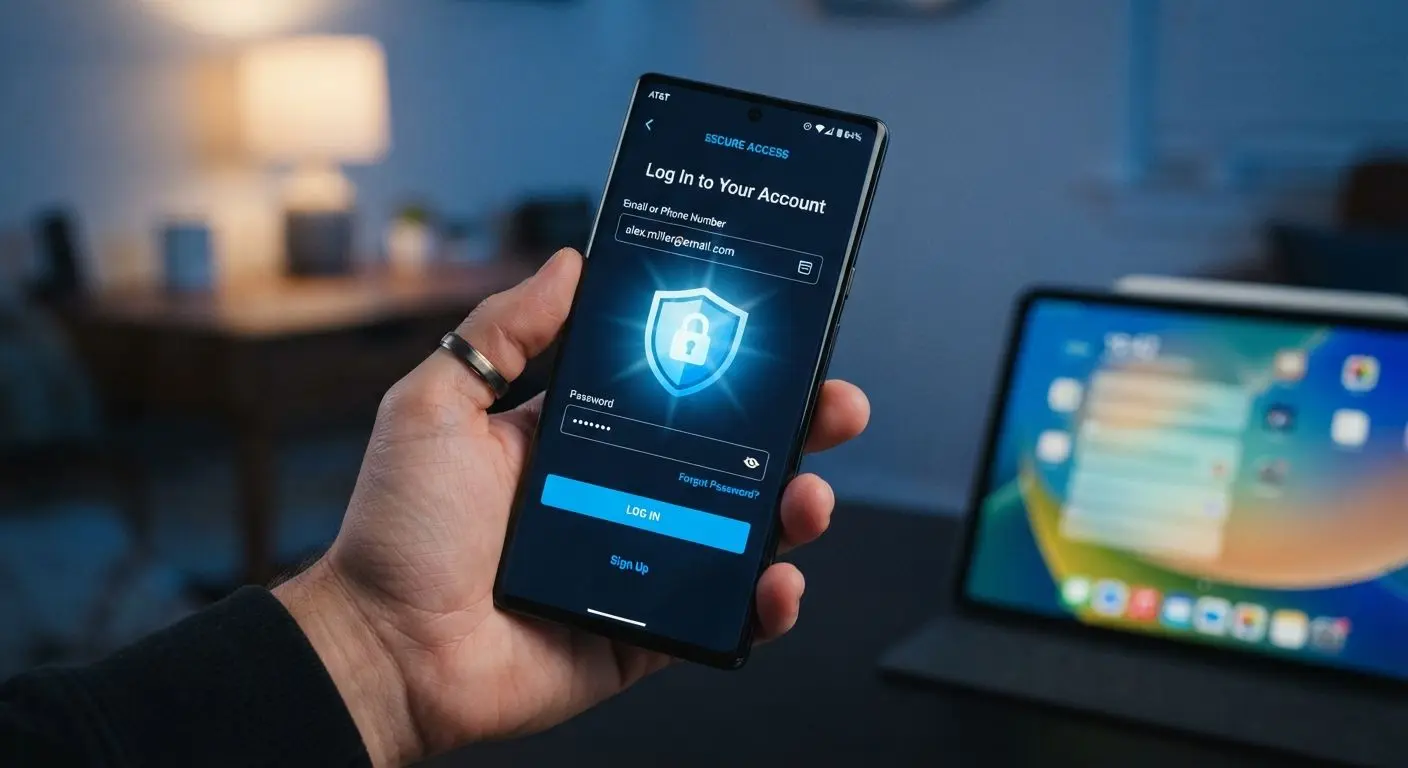 Secure mobile login on smartphone with account password fields