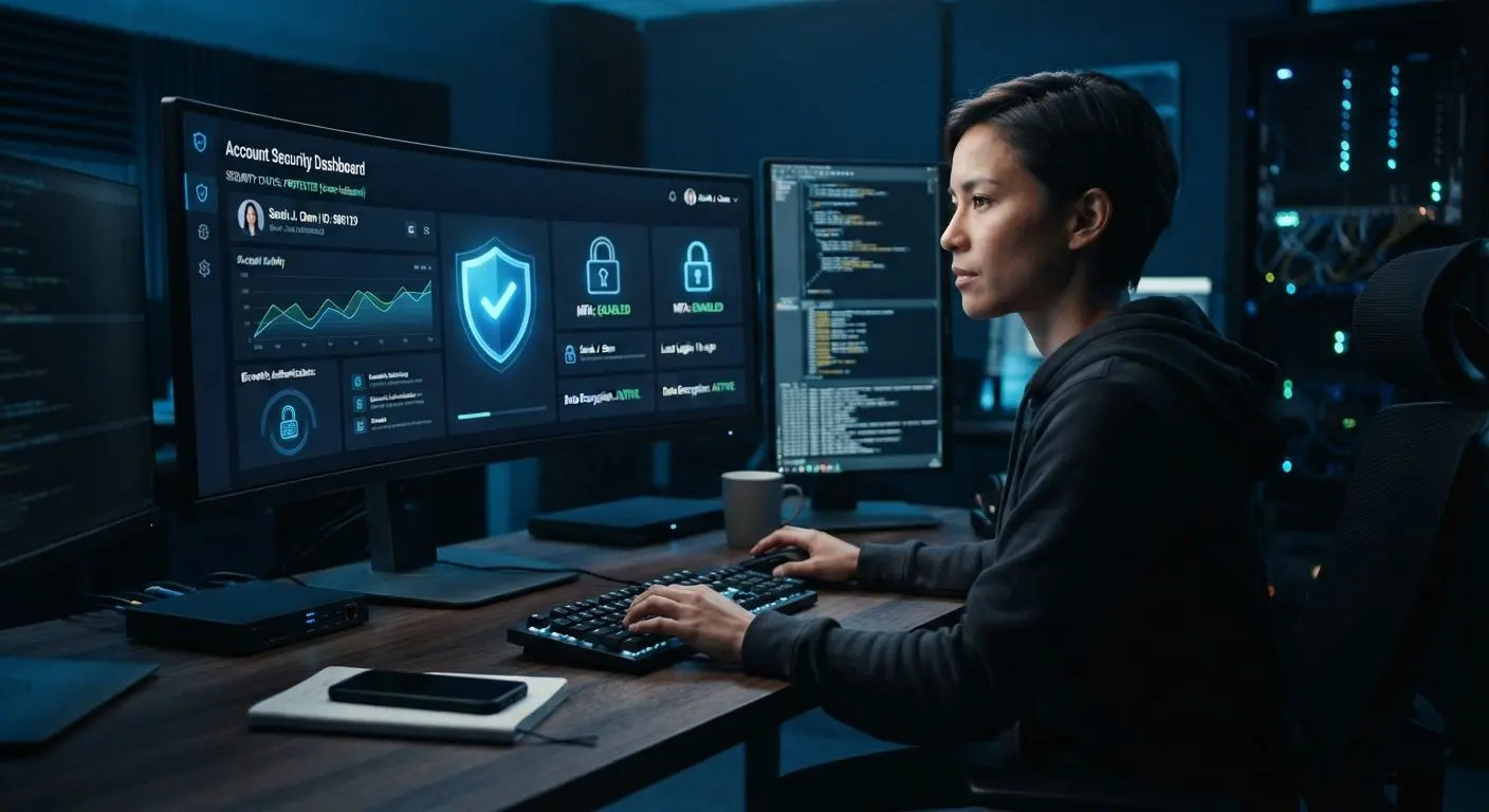 Account security concept with shield icons and protected login screen