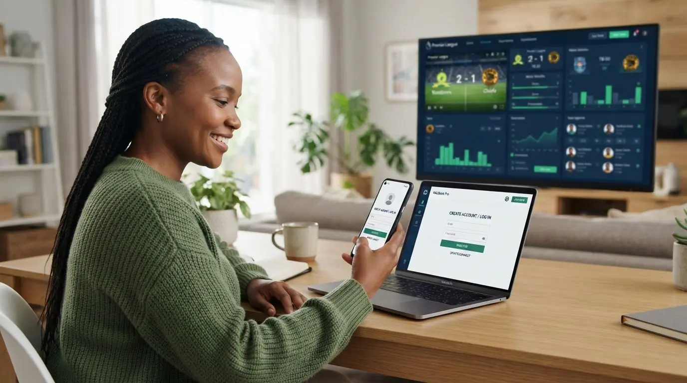 User registering and logging in to an online sports account on laptop and phone