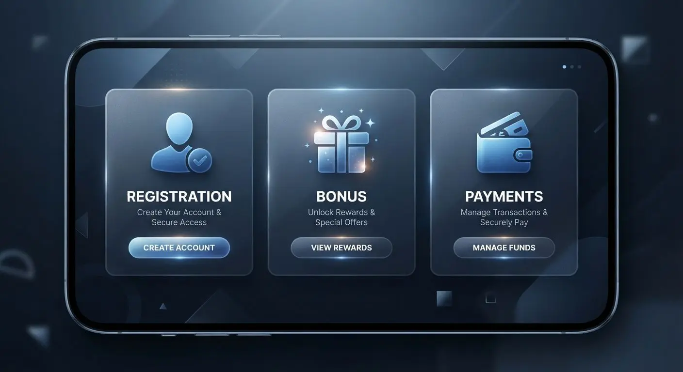 Navigation collage for registration bonus and payments guides