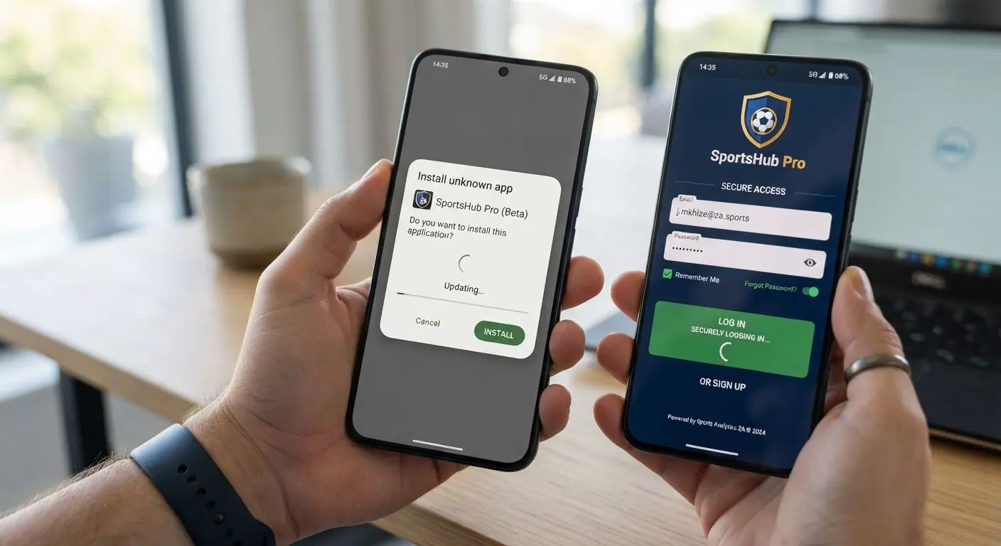 Android phone showing BetXchange APK install and login screen