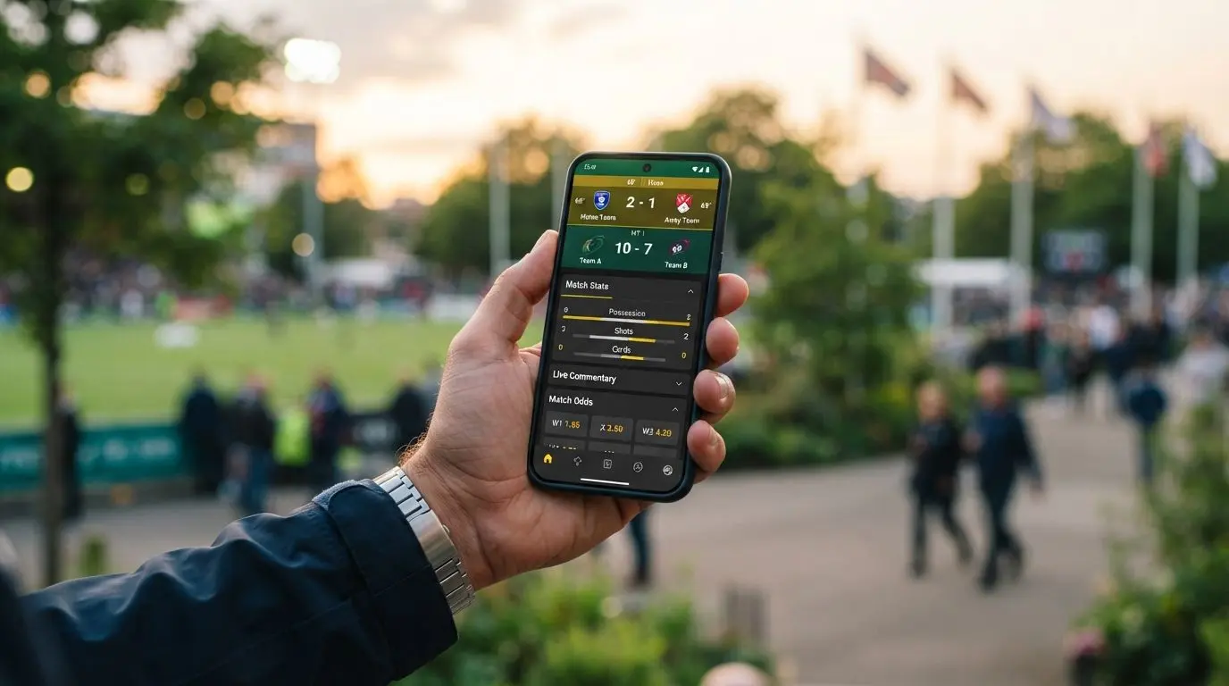 Hand holding smartphone with South Africa-inspired mobile sports interface