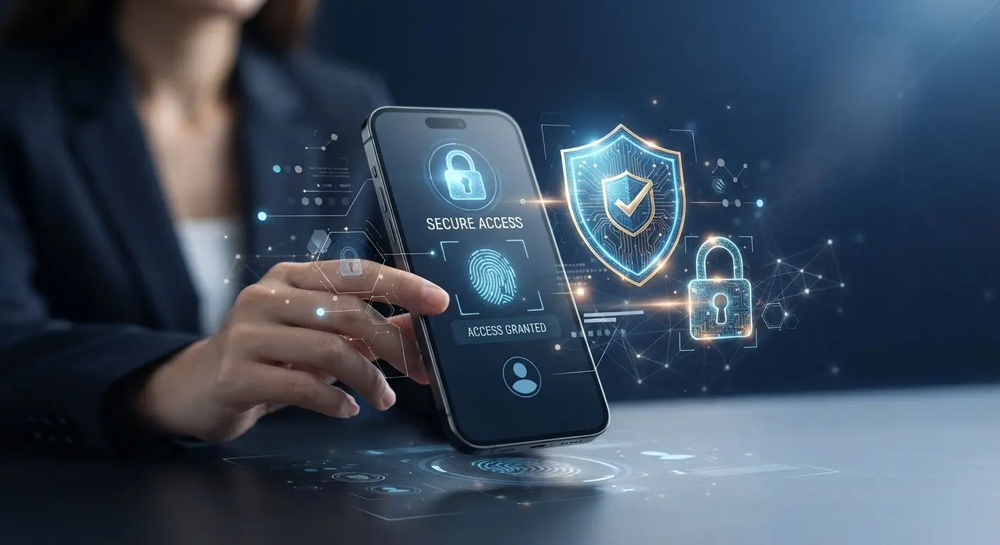 Secure mobile login concept with smartphone and lock shield