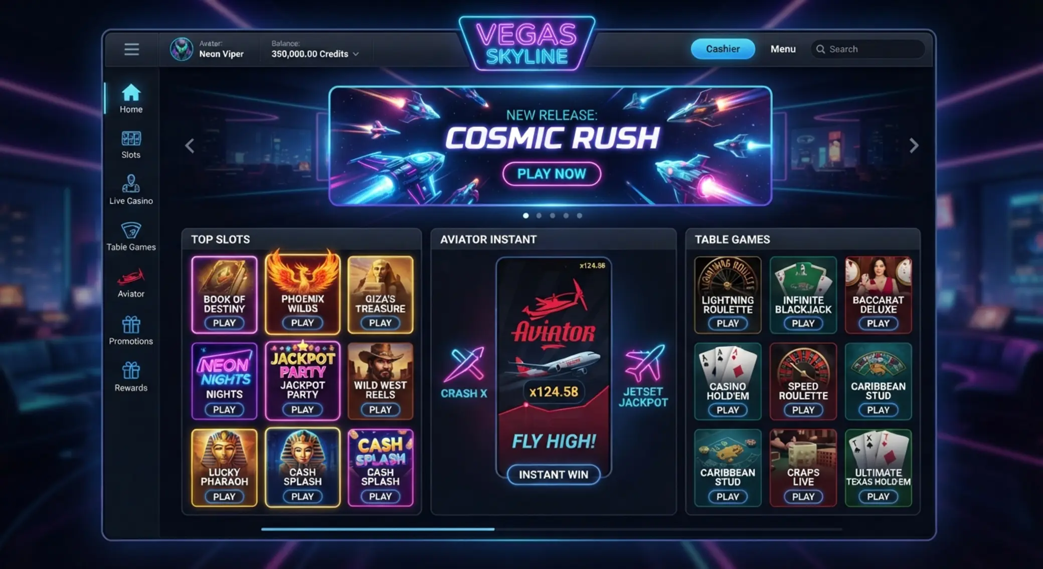 Game lobby illustration with slots, Aviator and table game categories