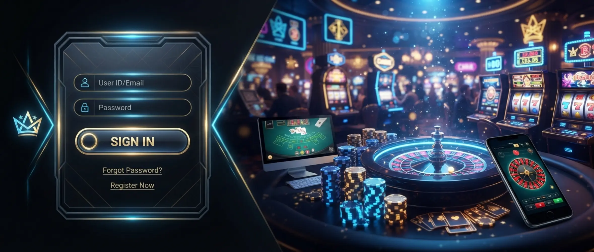 Universal login themed banner with desktop and mobile gaming interface background