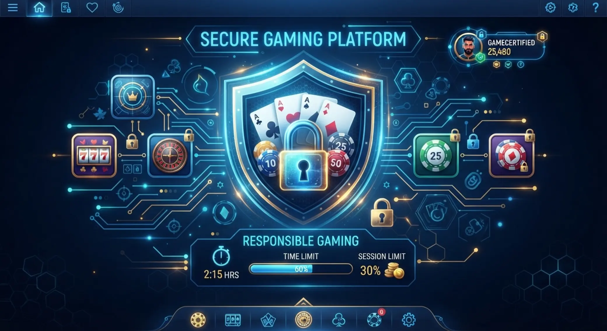 Security and responsible play themed visual with lock and gaming symbols