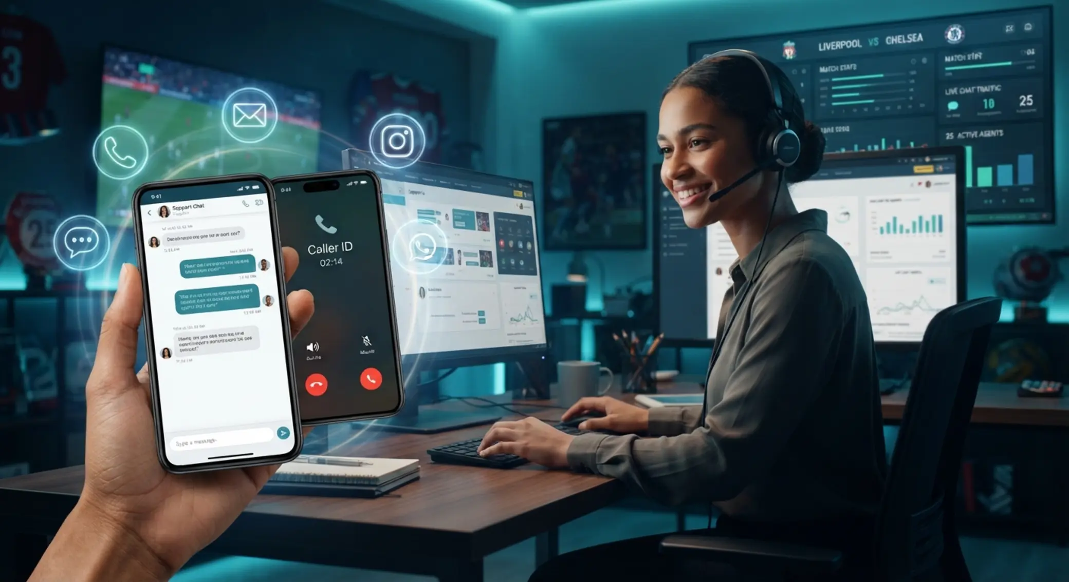BetXchange support banner with smartphone chat, call icons, email and social media symbols