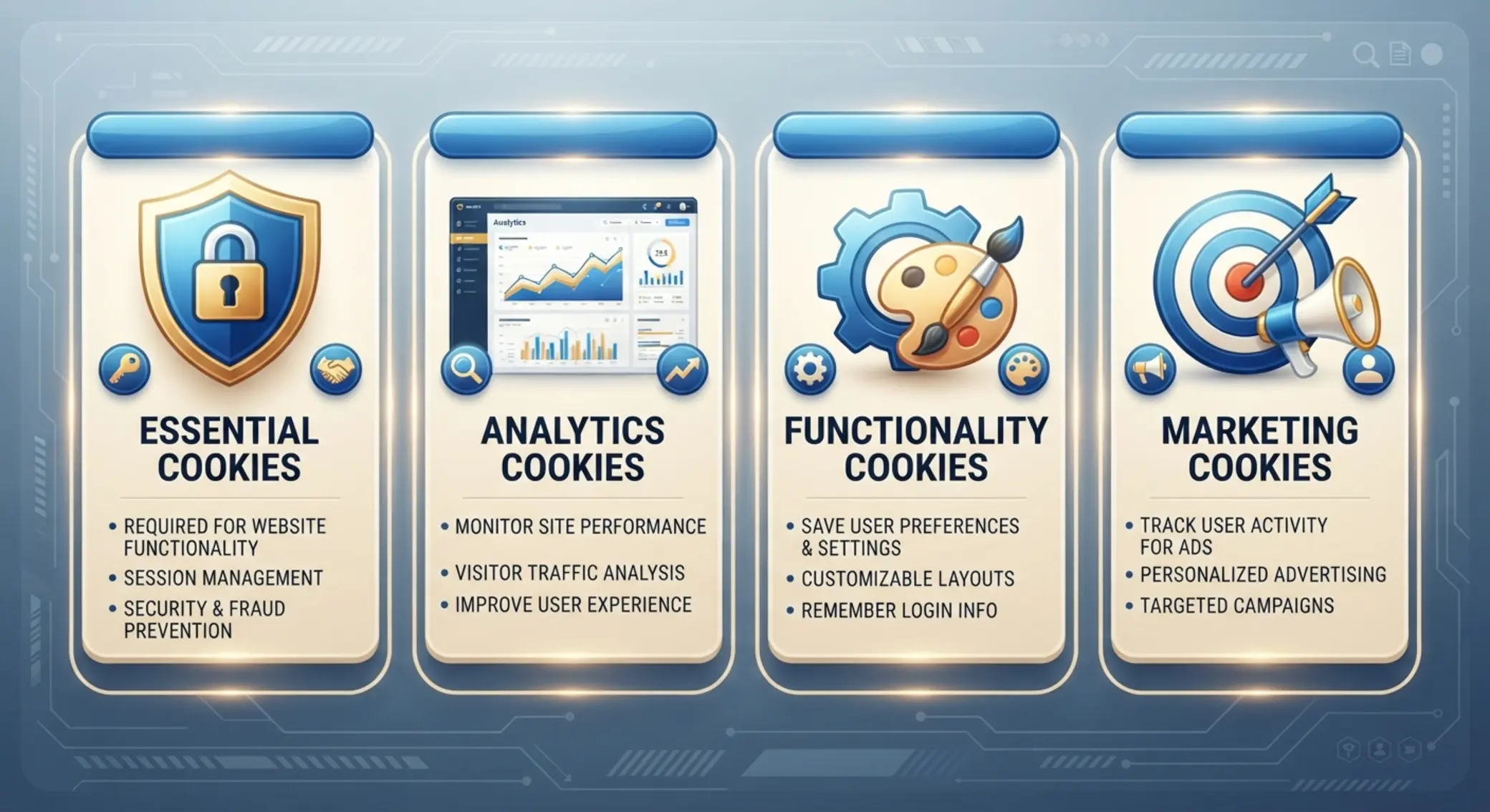 Icons showing essential, analytics, functionality and marketing cookie types