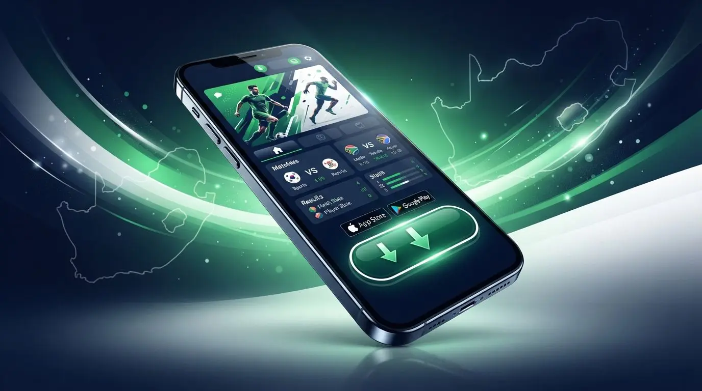 Smartphone with mobile app interface on branded background for Android users in South Africa and Lesotho