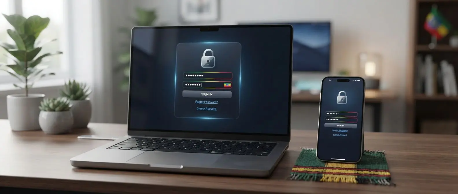 Secure account login banner with smartphone and laptop in an Ethiopia-themed setting