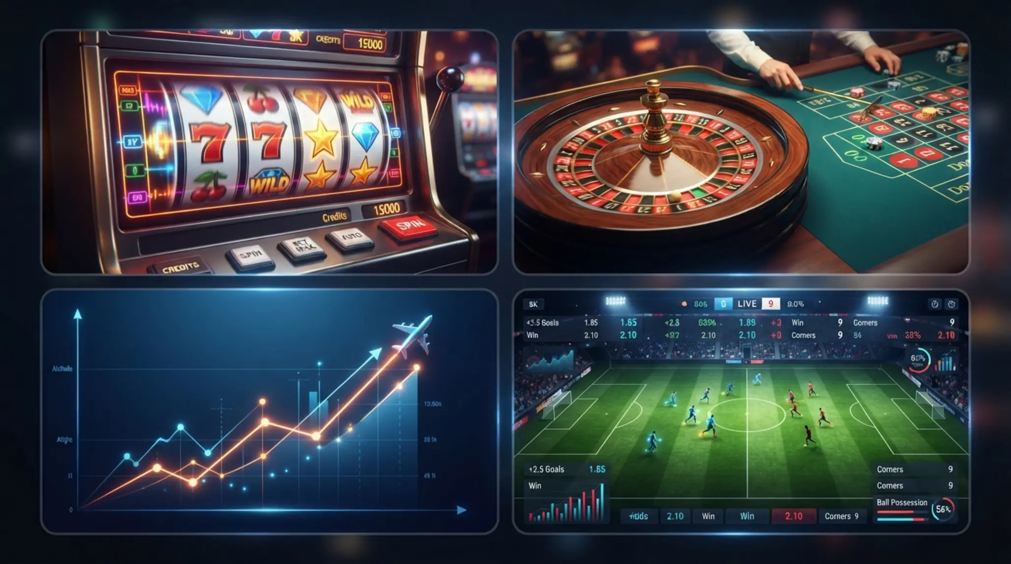 Main BetX Game Categories Illustration Mosaic of slots, roulette, crash-style flight chart and football markets