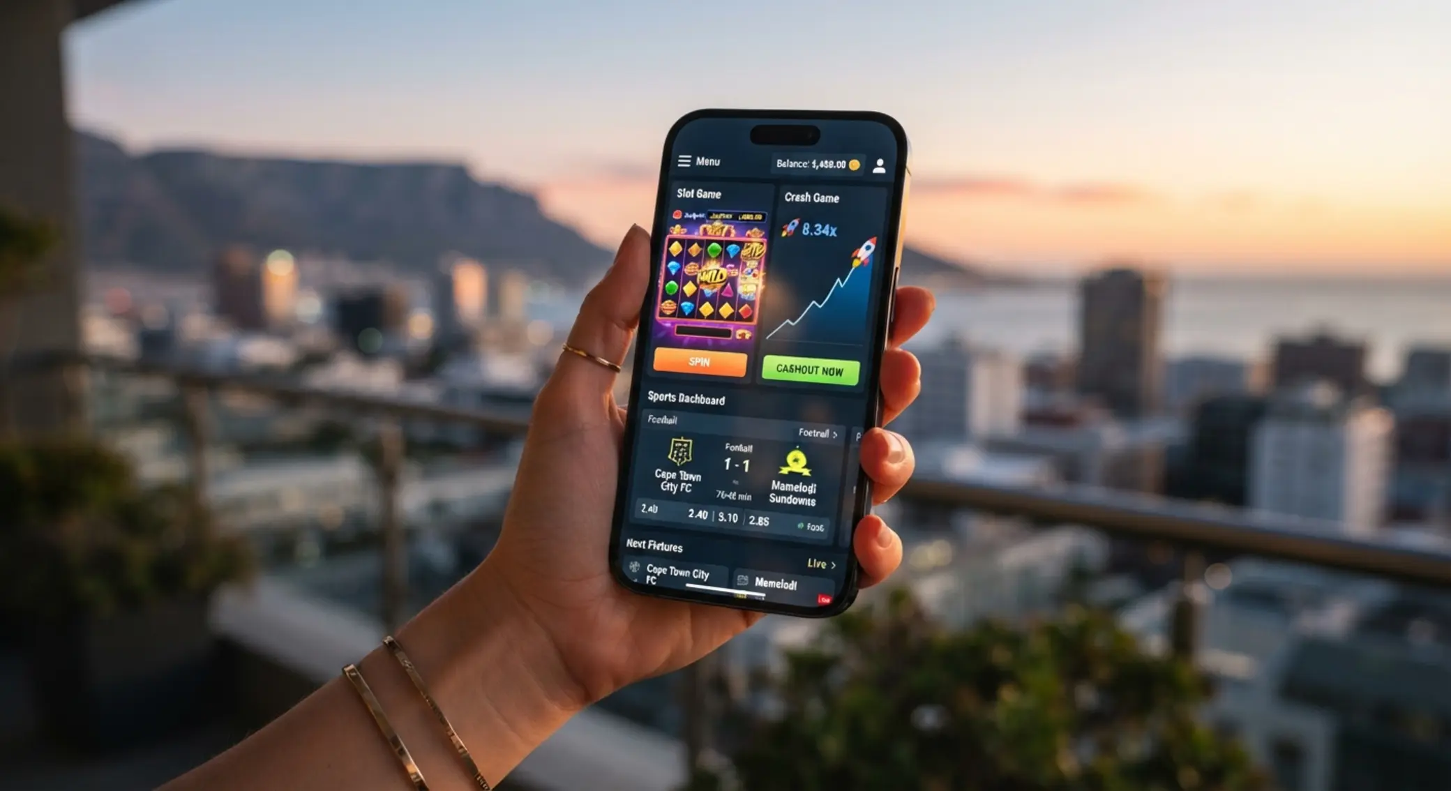 Playing BetX Games on Mobile Smartphone showing mobile BetX-style games with a South African city backdrop