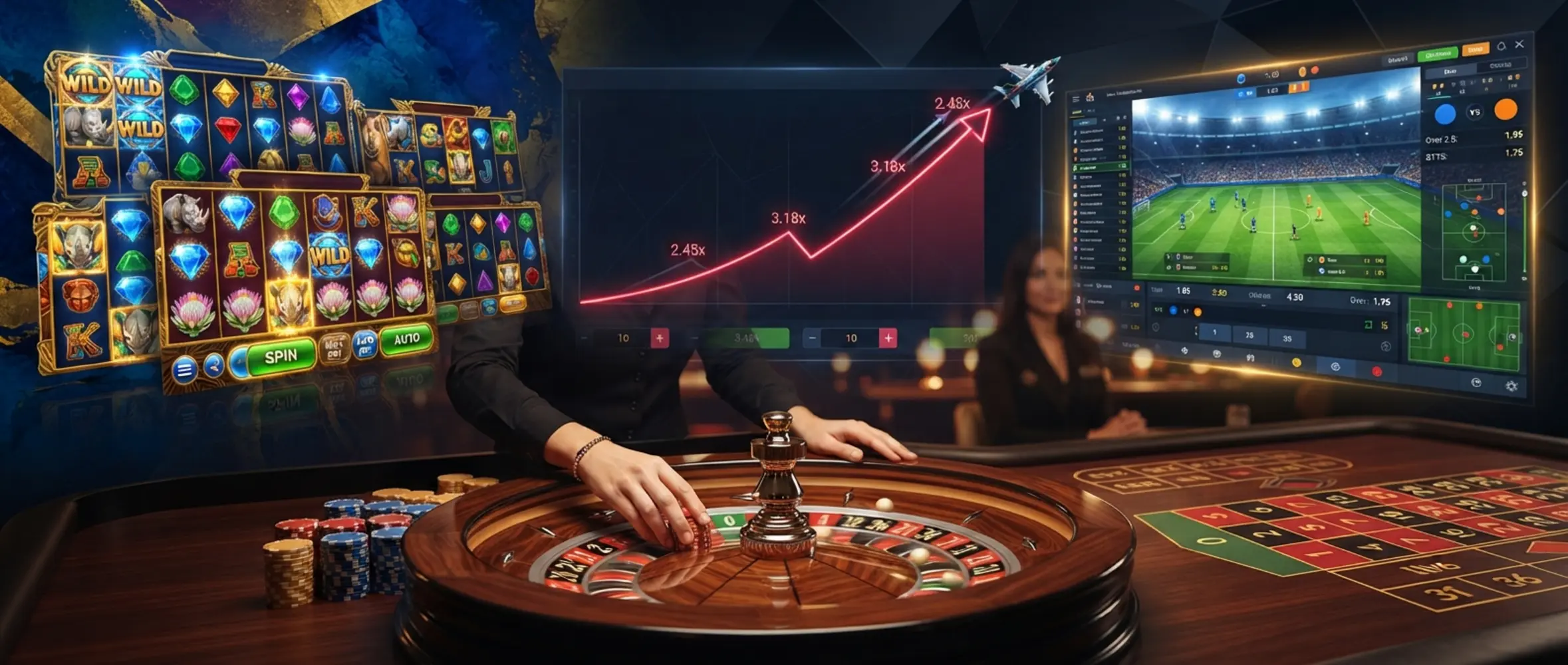 Collage of slot reels, crash graph, football markets and live table play for BetX games in South Africa