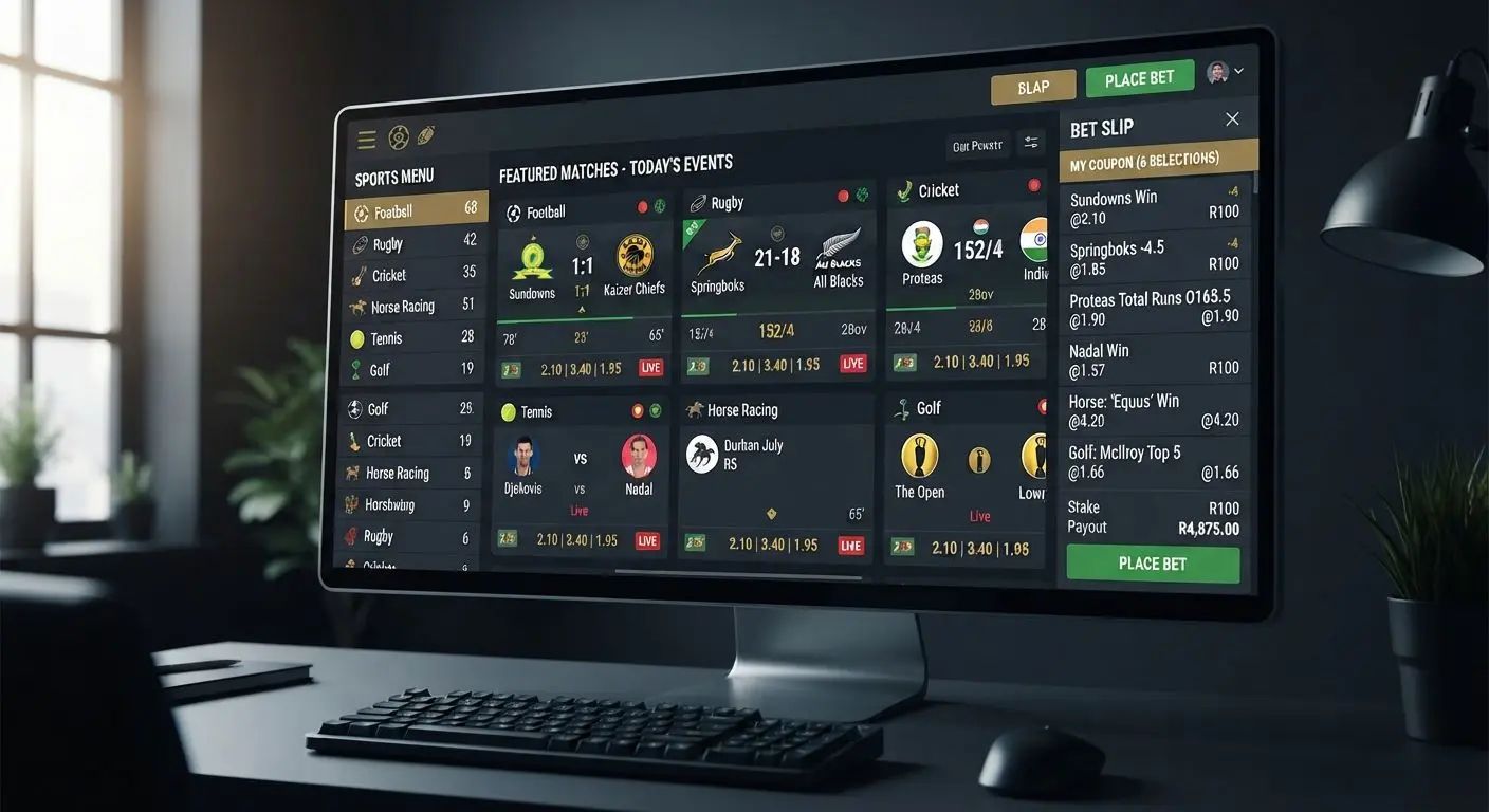 Sports section interface with coupon screen and popular South African sports categories
