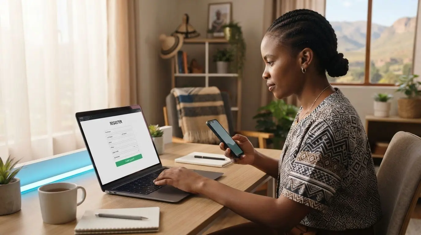 User completing a quick and secure online registration on laptop and phone