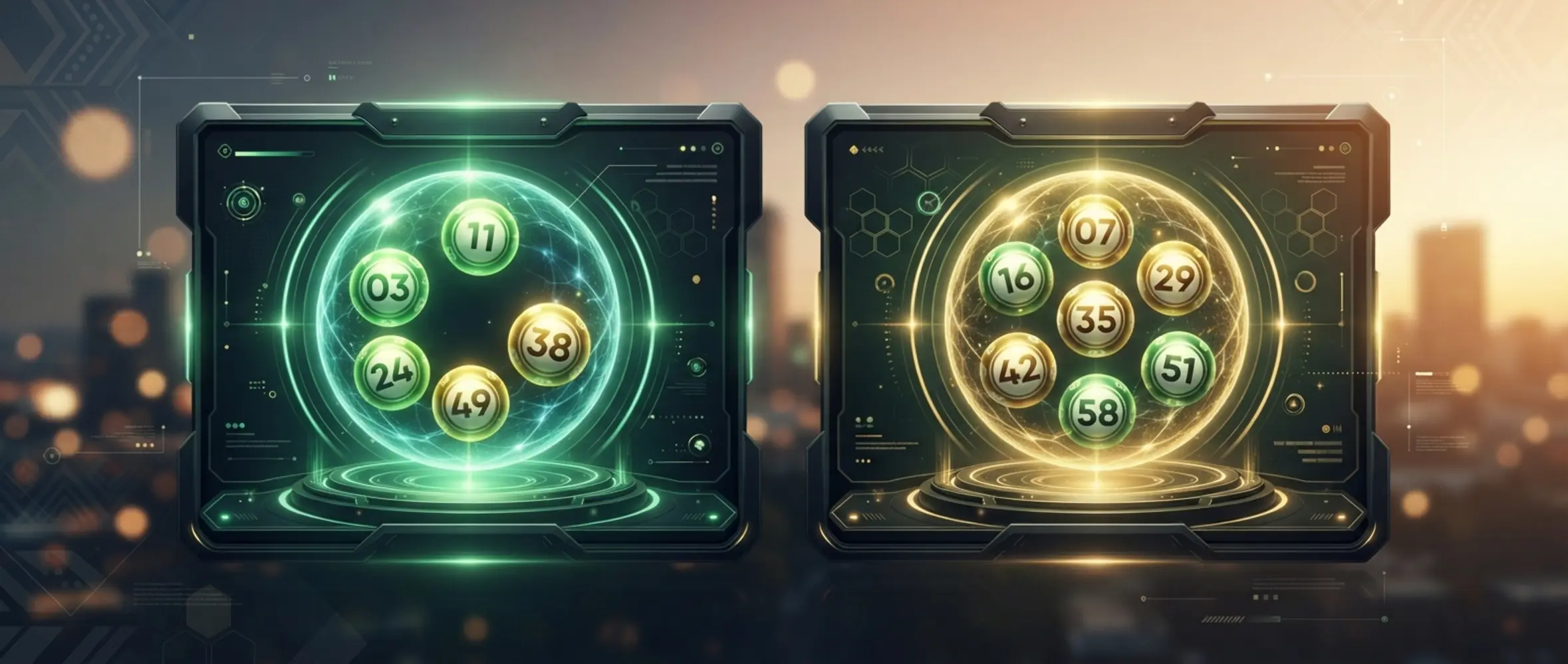 Digital banner showing lotto-style number panels and glowing balls for Lucky Numbers results
