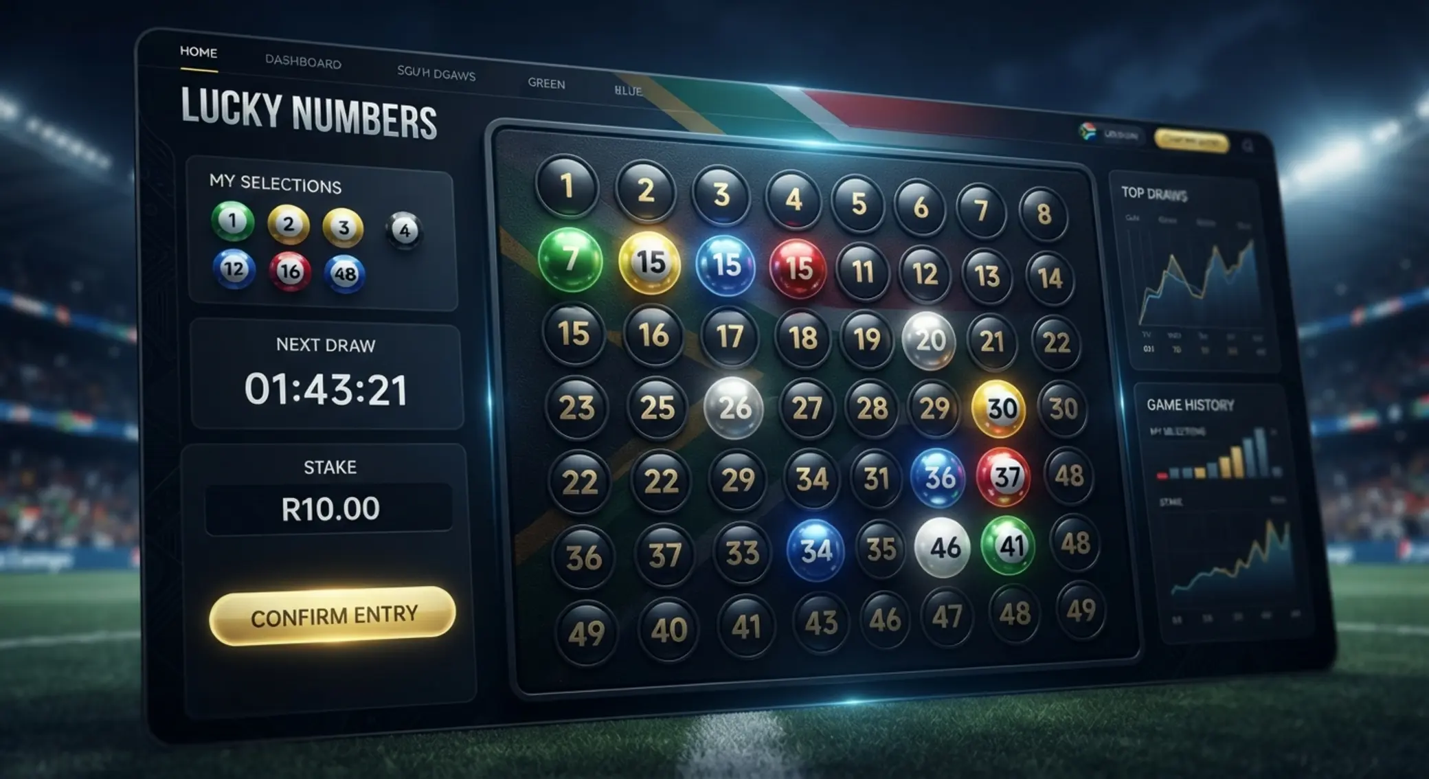 Lucky Numbers interface illustration with number grid and coloured balls