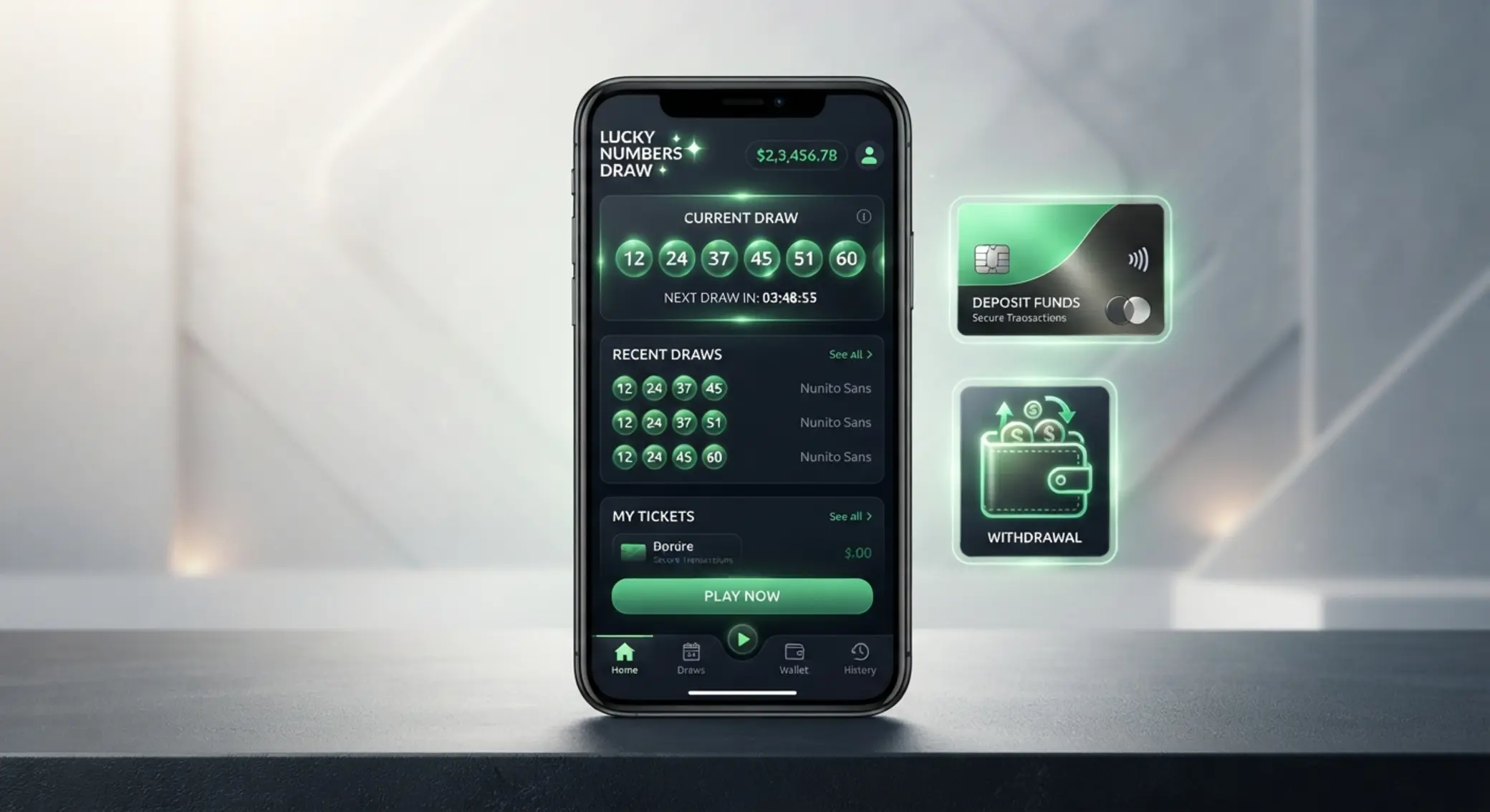 Mobile Lucky Numbers screen with deposit and withdrawal icons