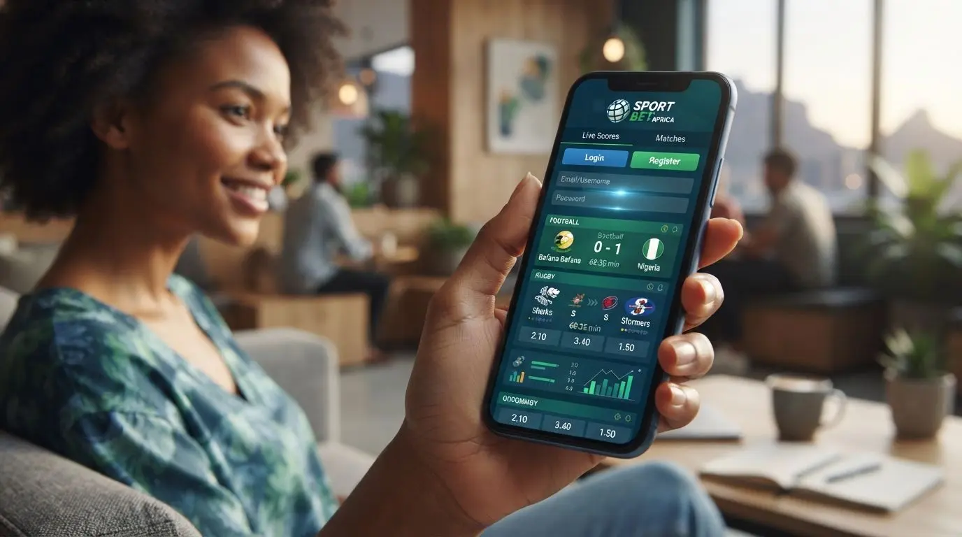 Hand holding smartphone with mobile login interface and sports-themed background