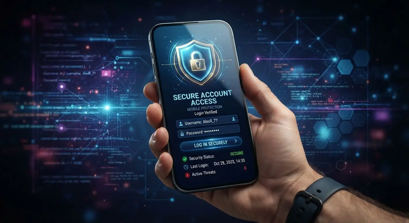 Secure mobile login protection concept Smartphone with lock and shield illustrating secure mobile login