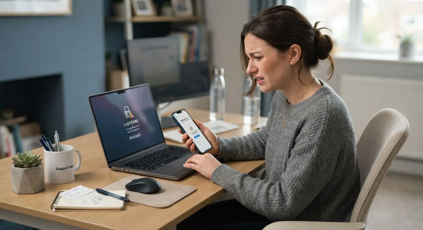 User trying to log in on laptop and phone with forgot password prompt