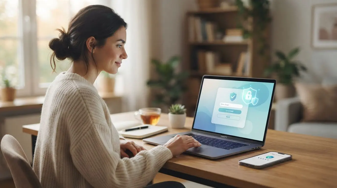 User recovering account access on laptop with password help and security icons