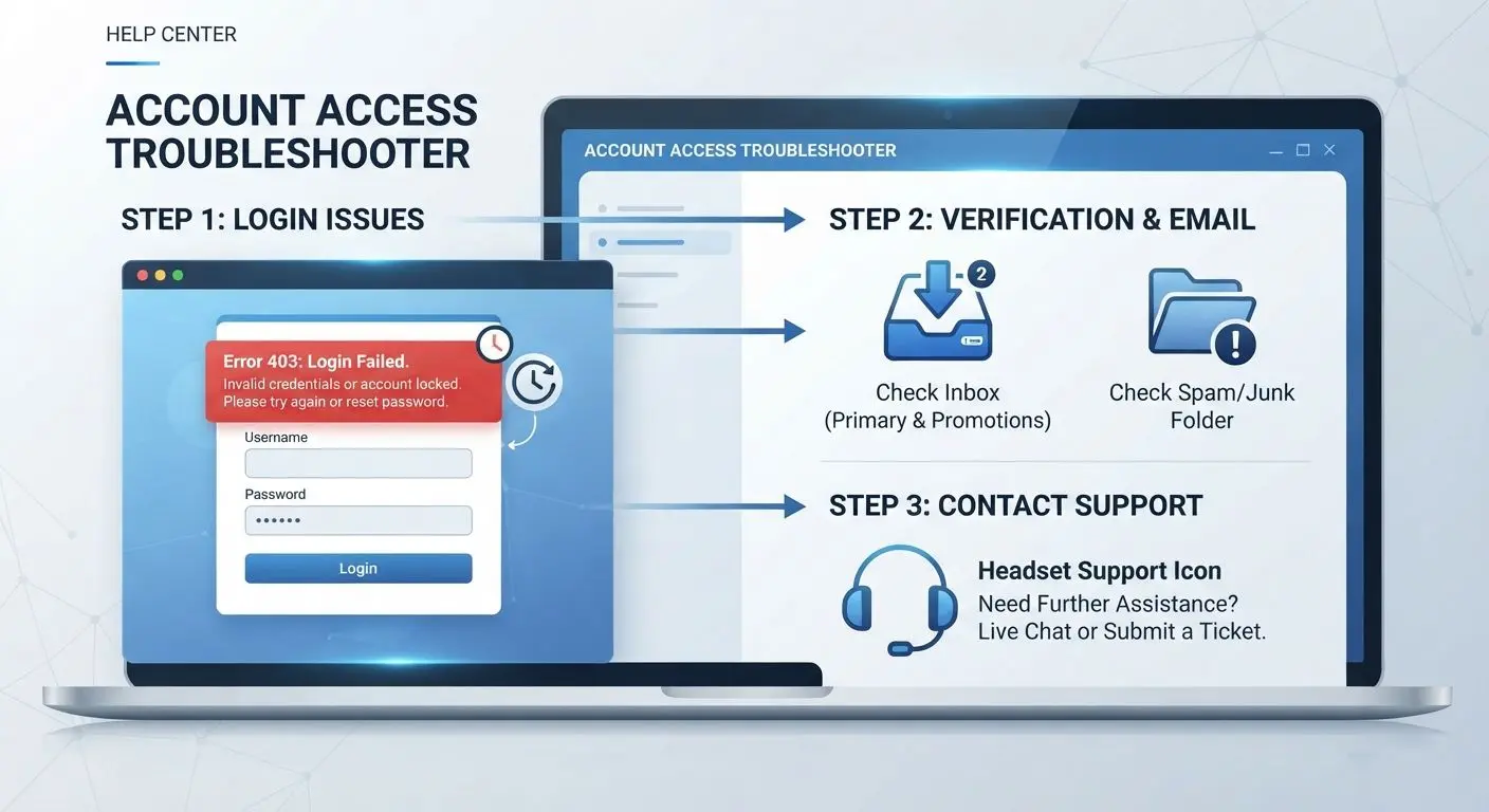 Login reset problems with email, expired link, and support help icons