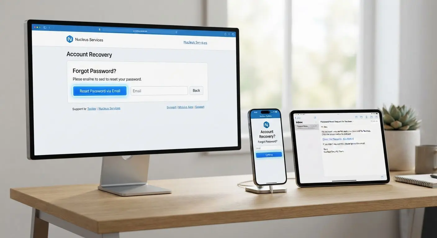 Password reset steps shown on desktop and mobile with email recovery link