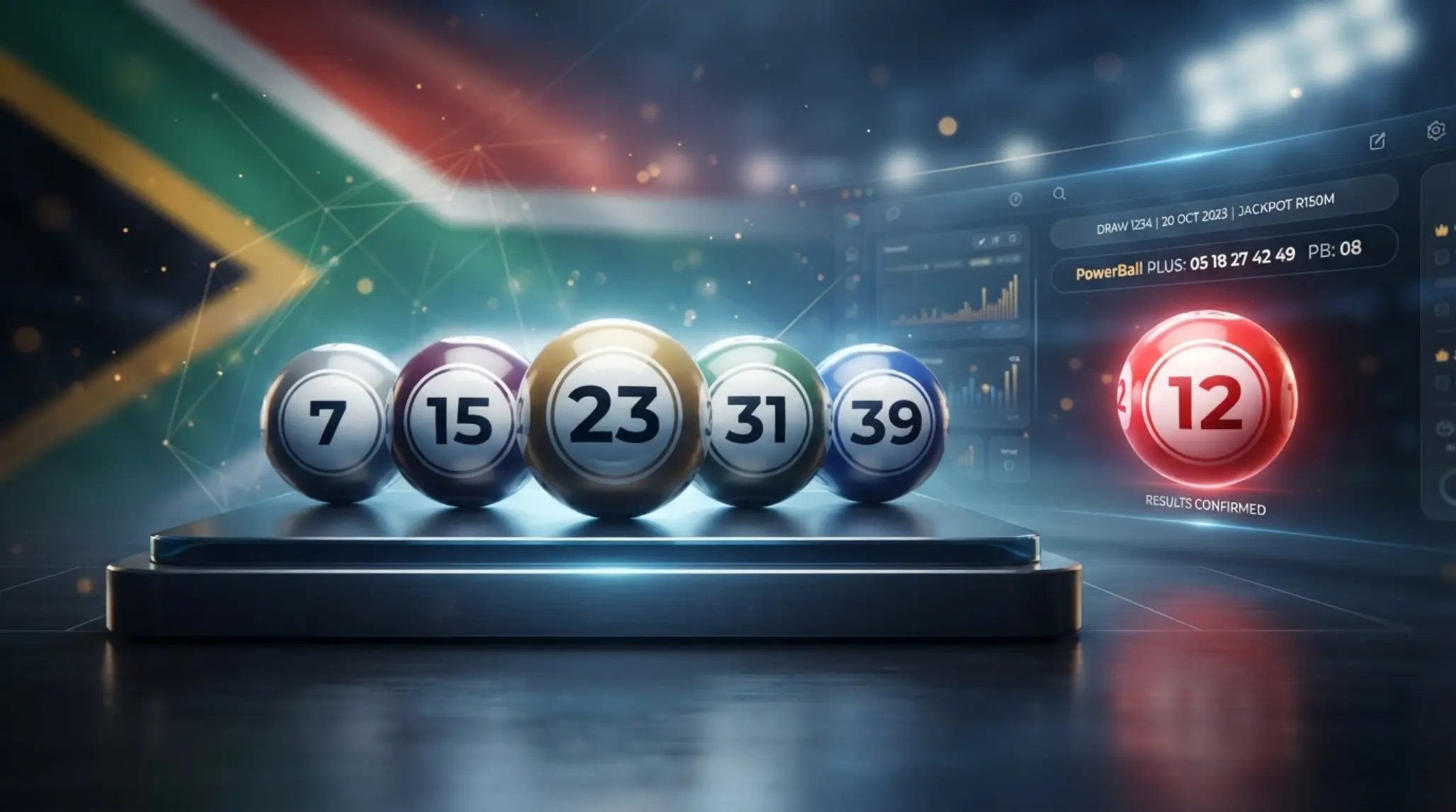 Powerball themed banner with lottery balls and South African colours