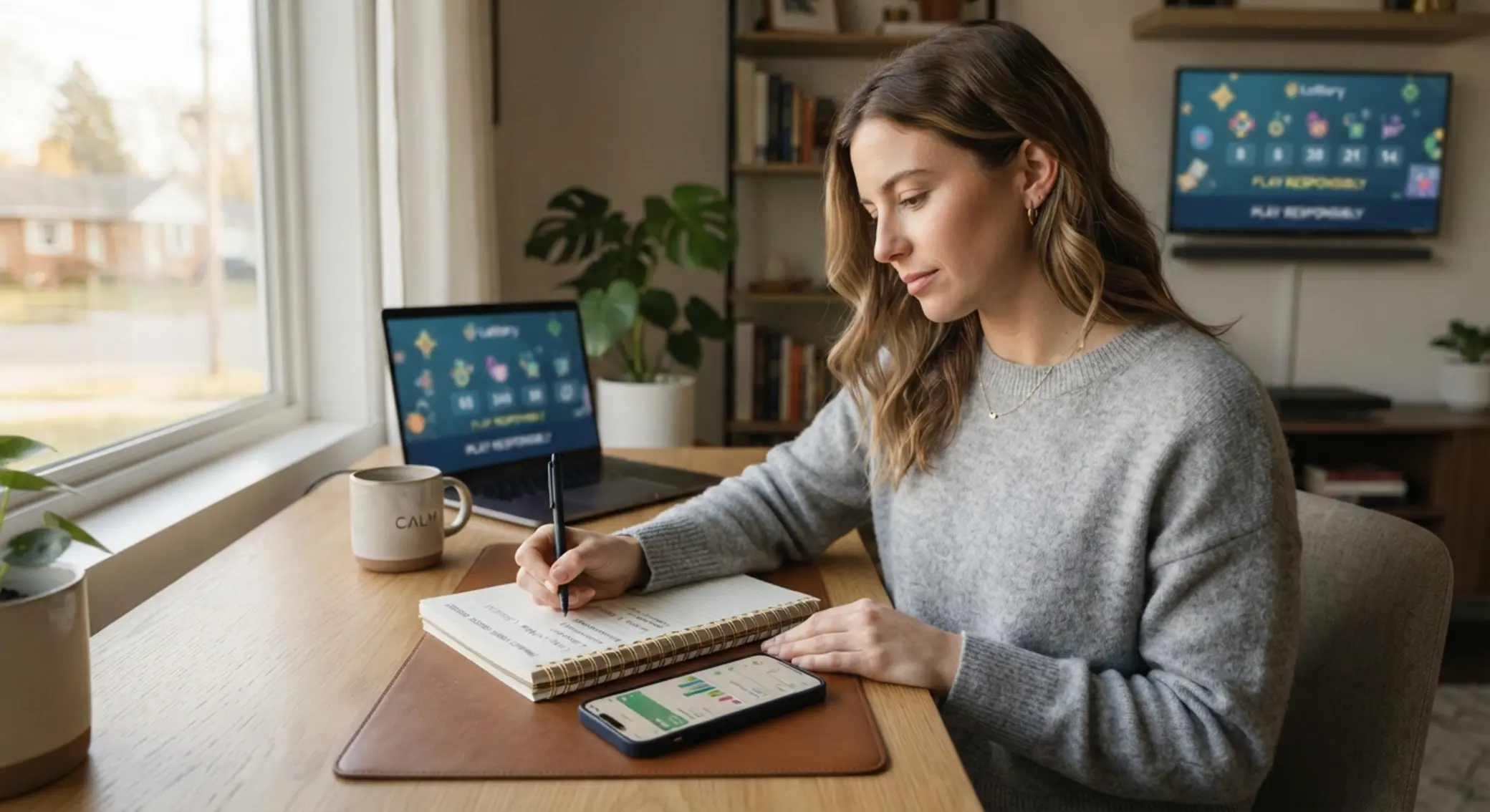 Responsible play budgeting scene with mobile and notebook