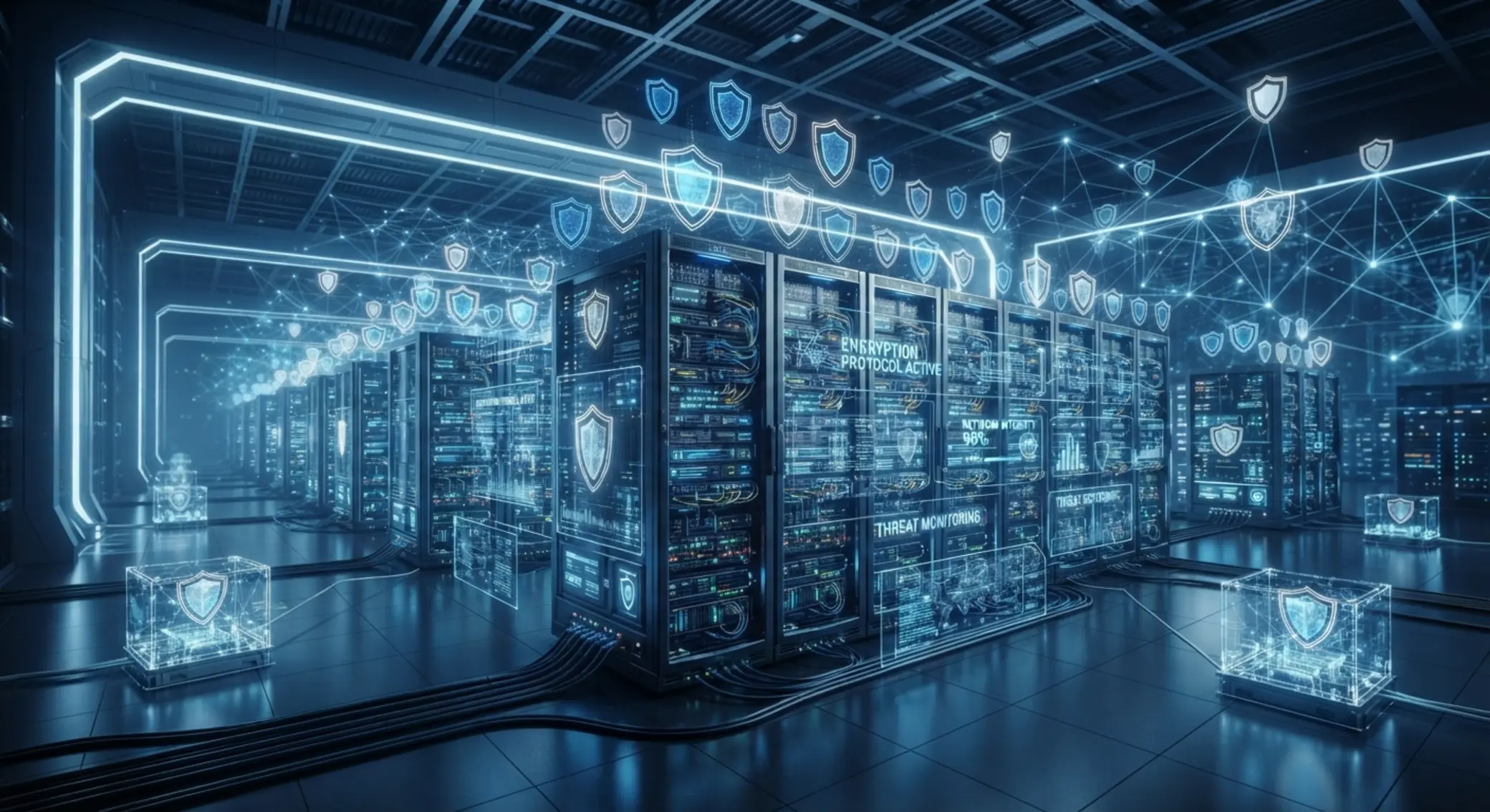 Cybersecurity servers and encryption visual for data protection section