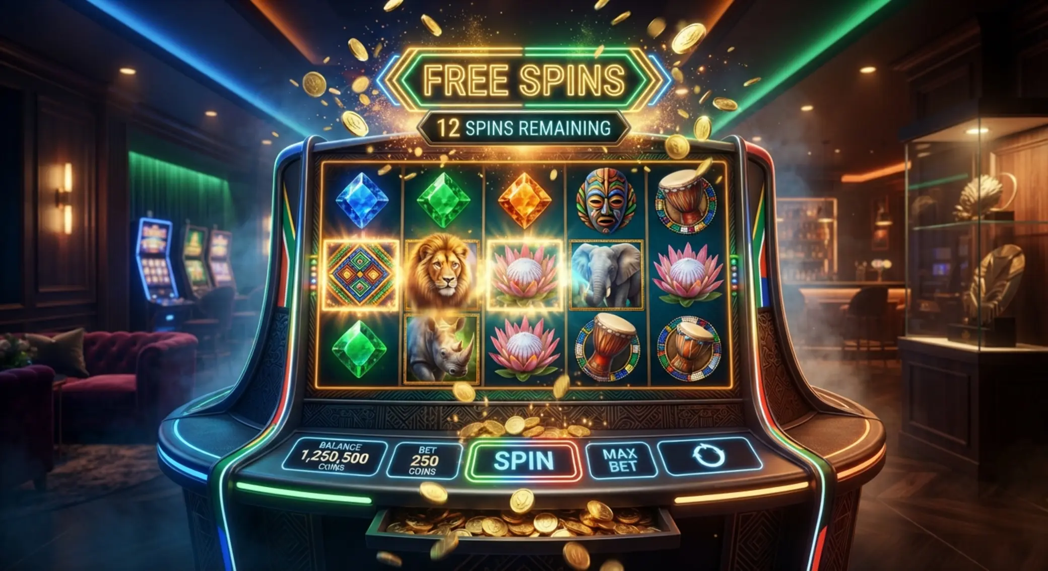 BetX-style casino free spins illustration Online slots interface with free spins theme and premium digital gaming style
