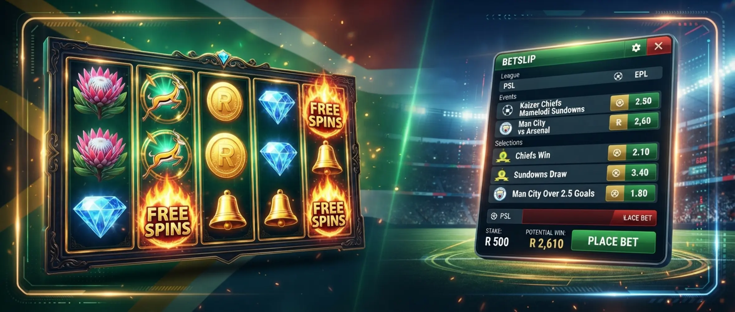 South African gaming offers banner with slot reels and sports multibet interface