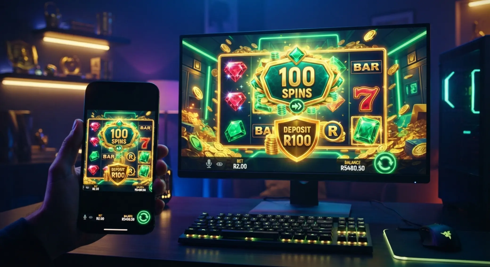 Slot-themed image showing free spins and R100 deposit concept