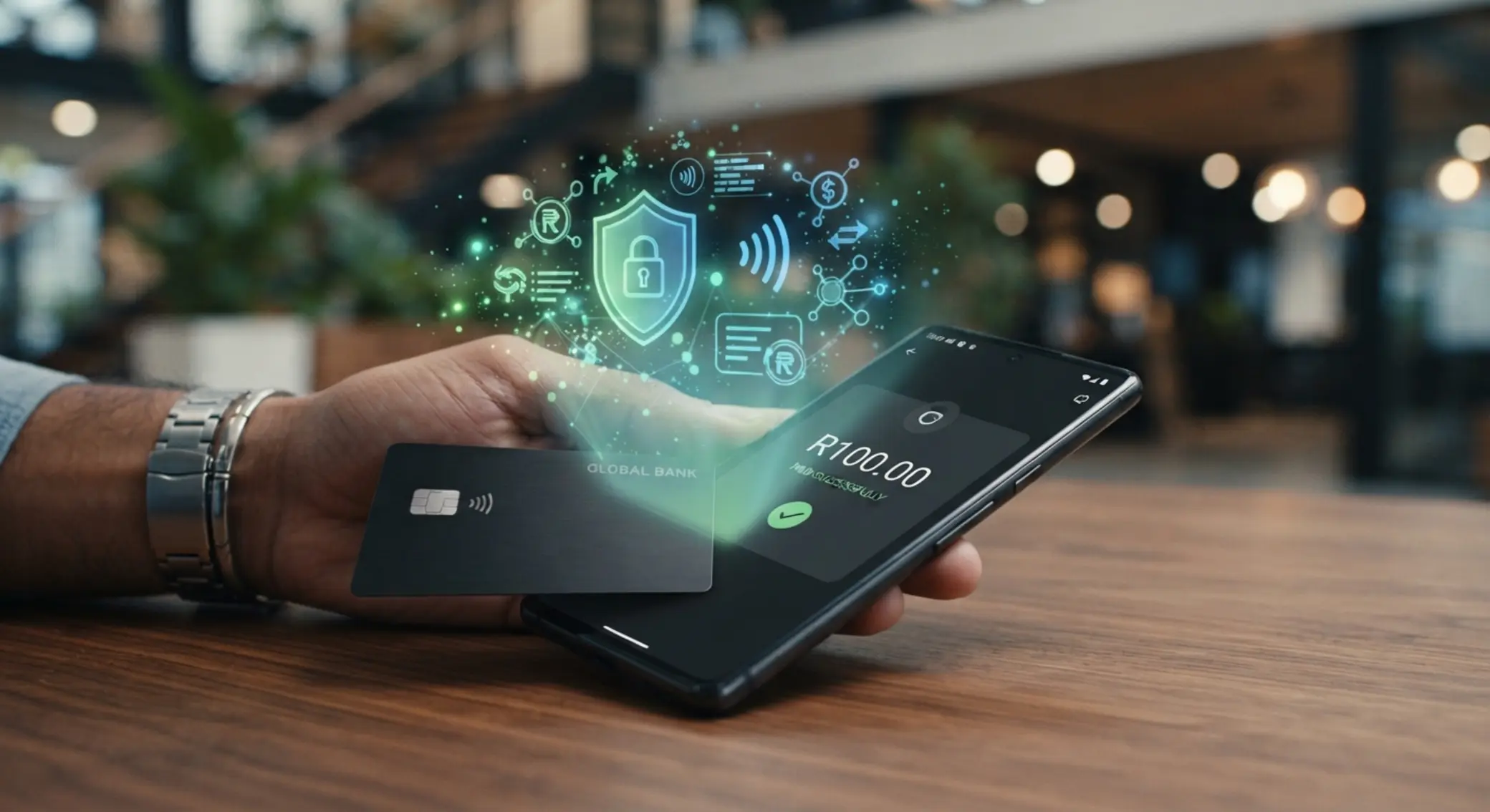 Digital payment scene showing R100 deposits and withdrawals