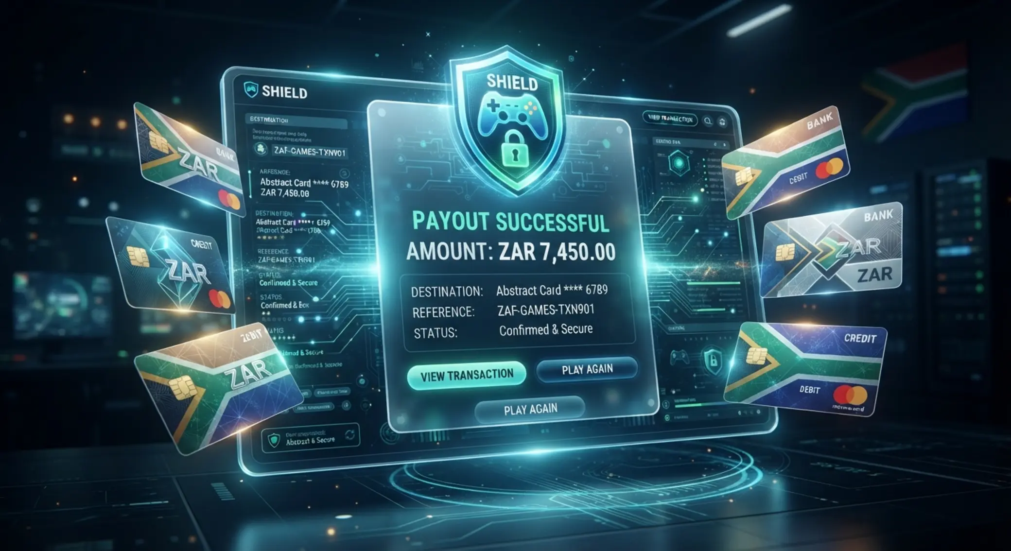Secure South African payment and withdrawal visual with ZAR and bank cards